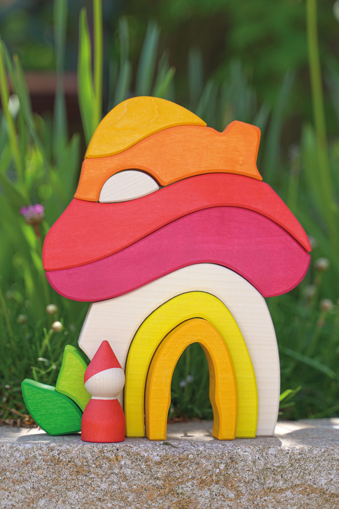 Joc de construcție și puzzle 3D din lemn Goki Evolution - Casa Ciupercă (Mushroom House), 7-11 piese