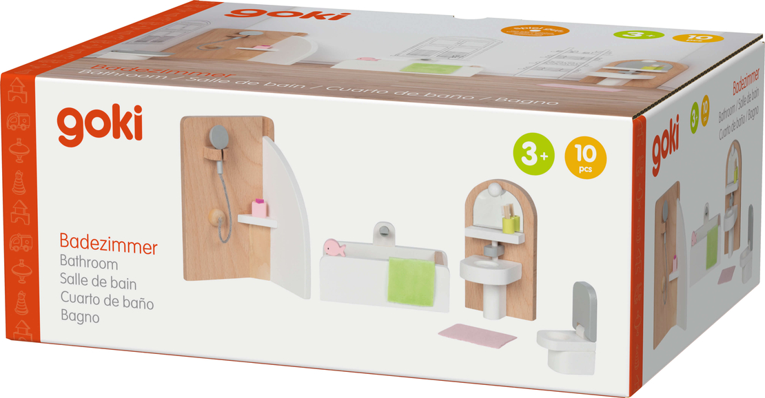 Set Mobilier din Lemn pentru Căsuța de Păpuși Goki – Baie Modernă, 10 Piese