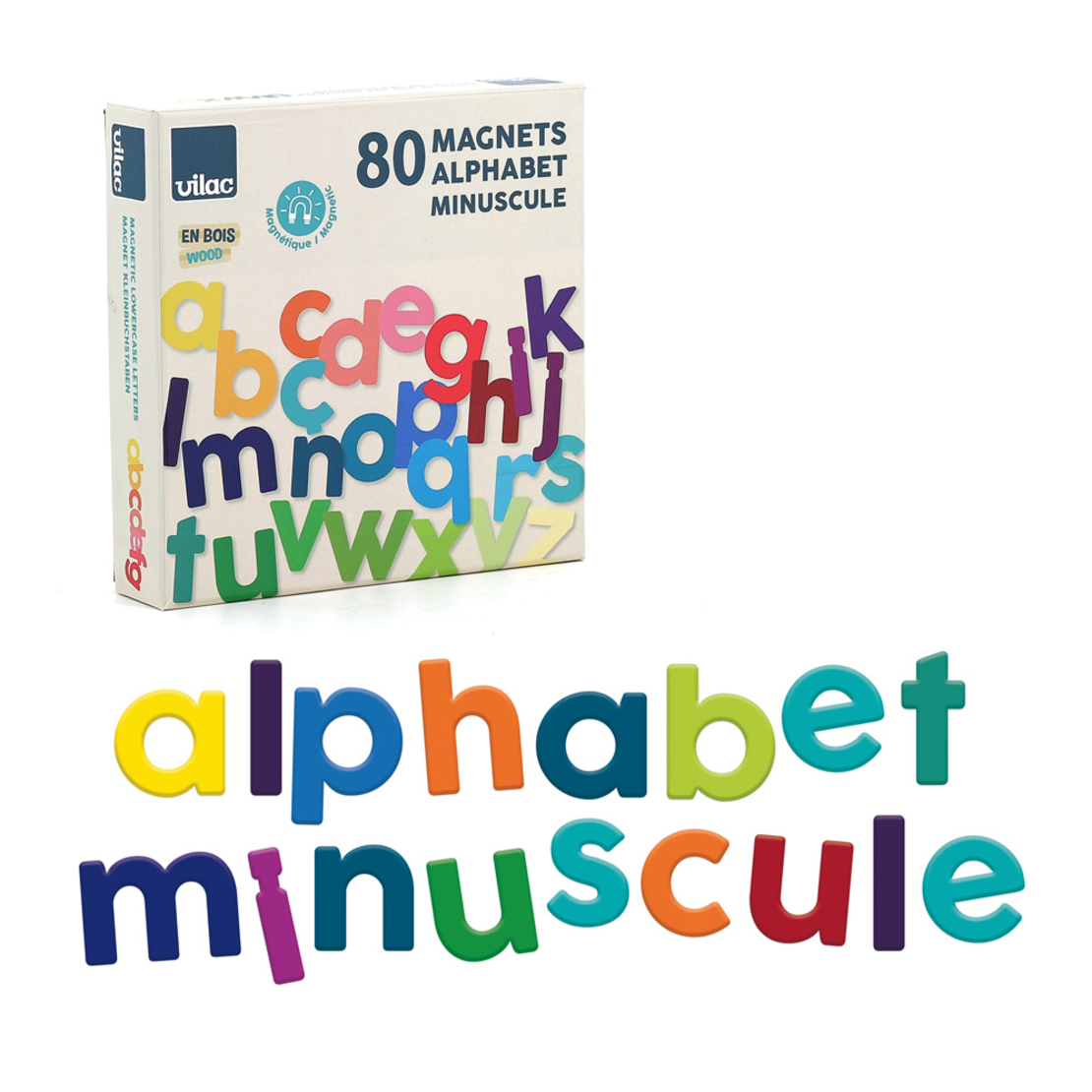 Set 80 de magneți din lemn Litere Mici Alfabet Vilac Minuscule