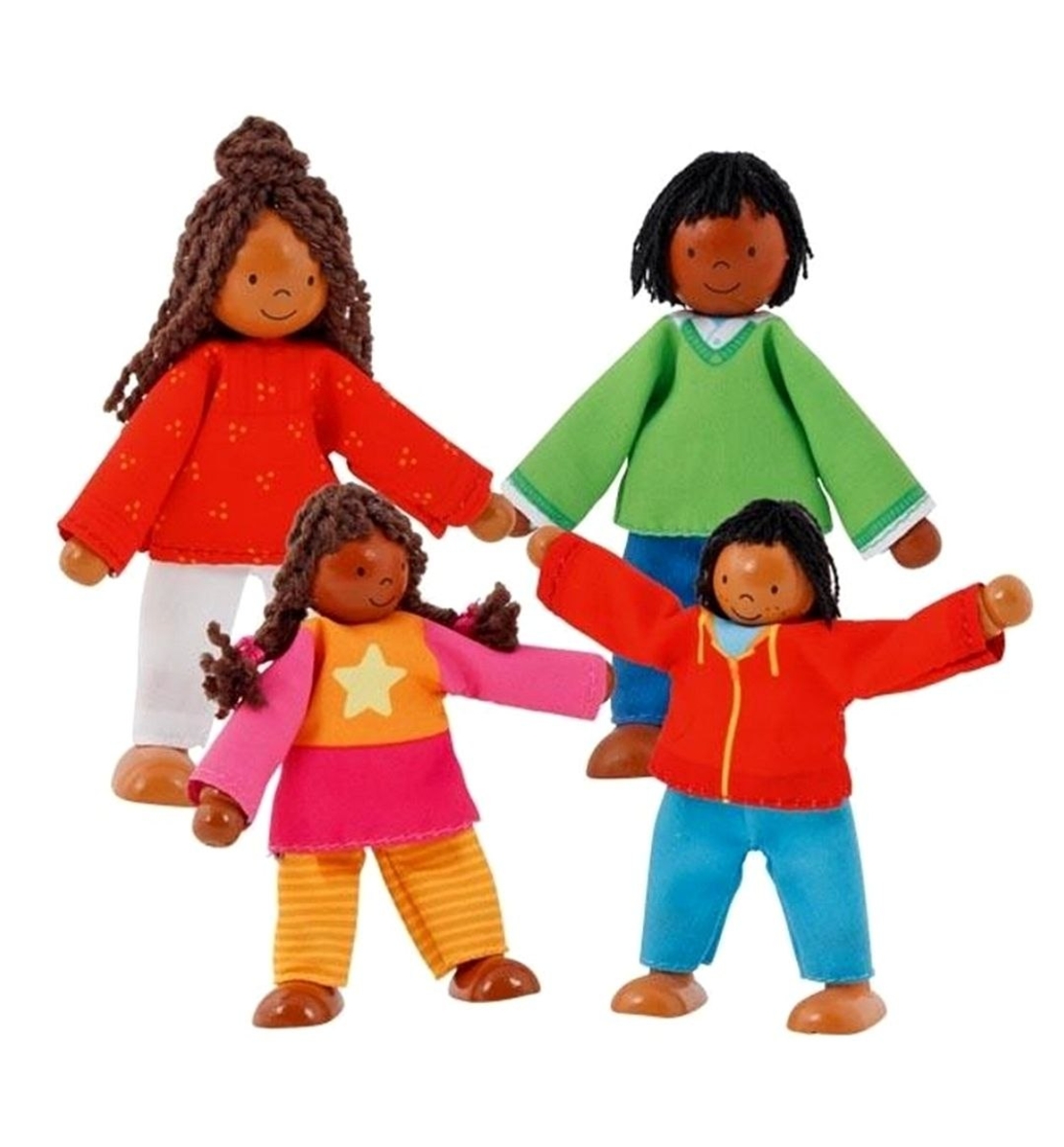 Set 4 păpuși flexibile din lemn Goki - Familia Colorată, 9-11 cm