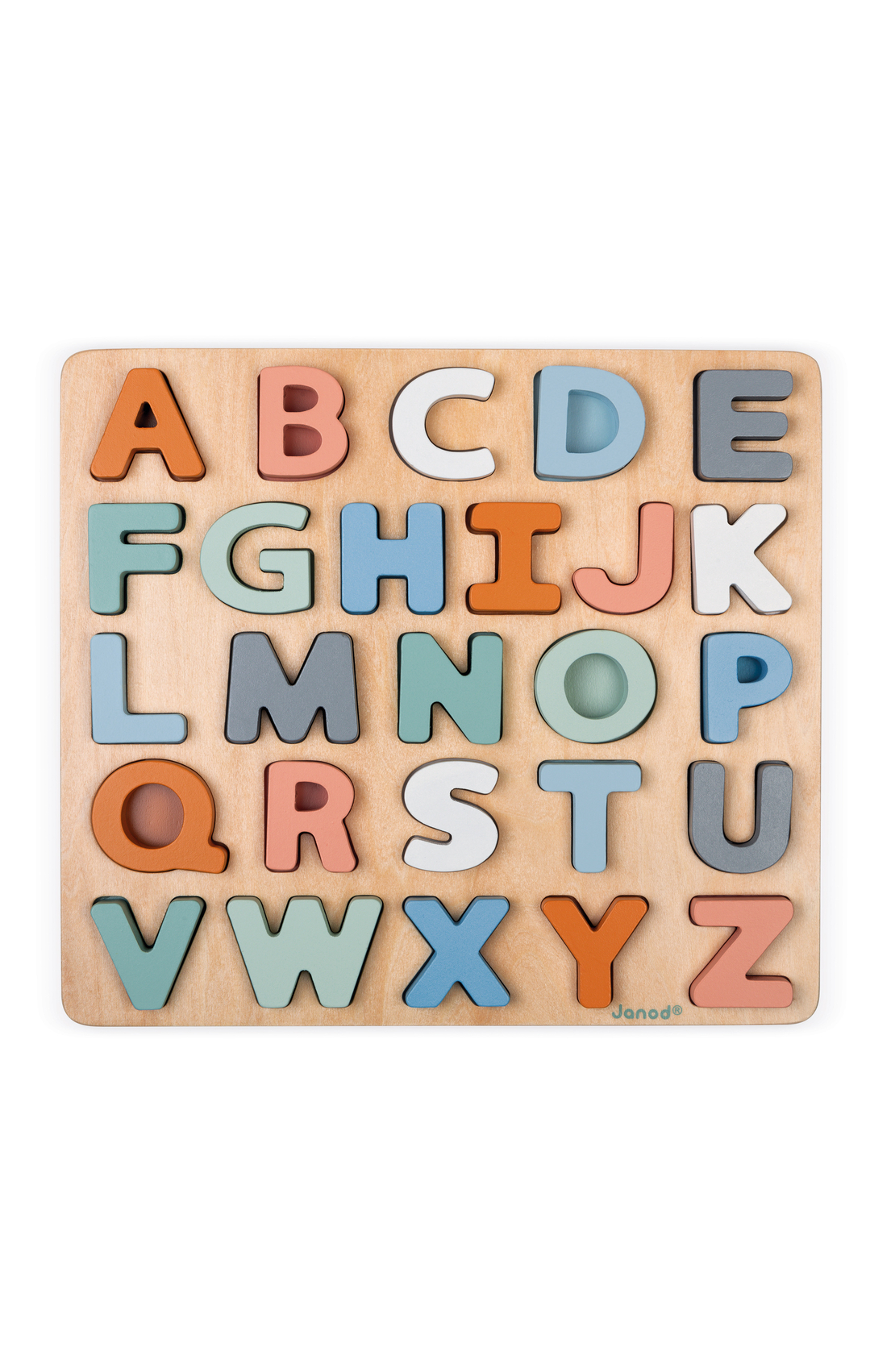Puzzle alfabetic, Janod, din lemn, multicolor, 2-6 ani