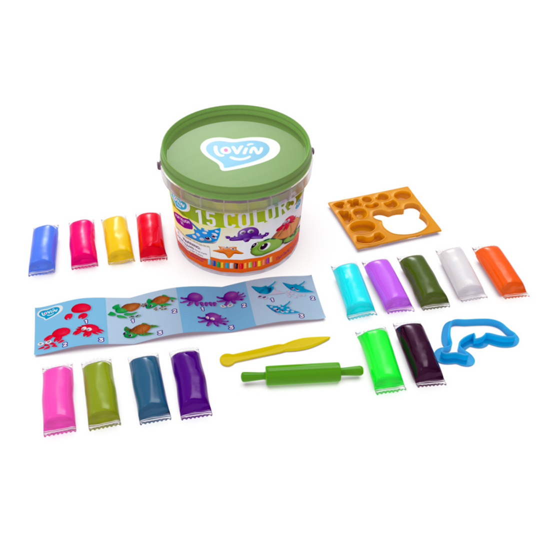 Set creativ de modelaj OKTO Clay Marine Inhabitants, 15 culori, include matrite si accesorii, 3 ani+