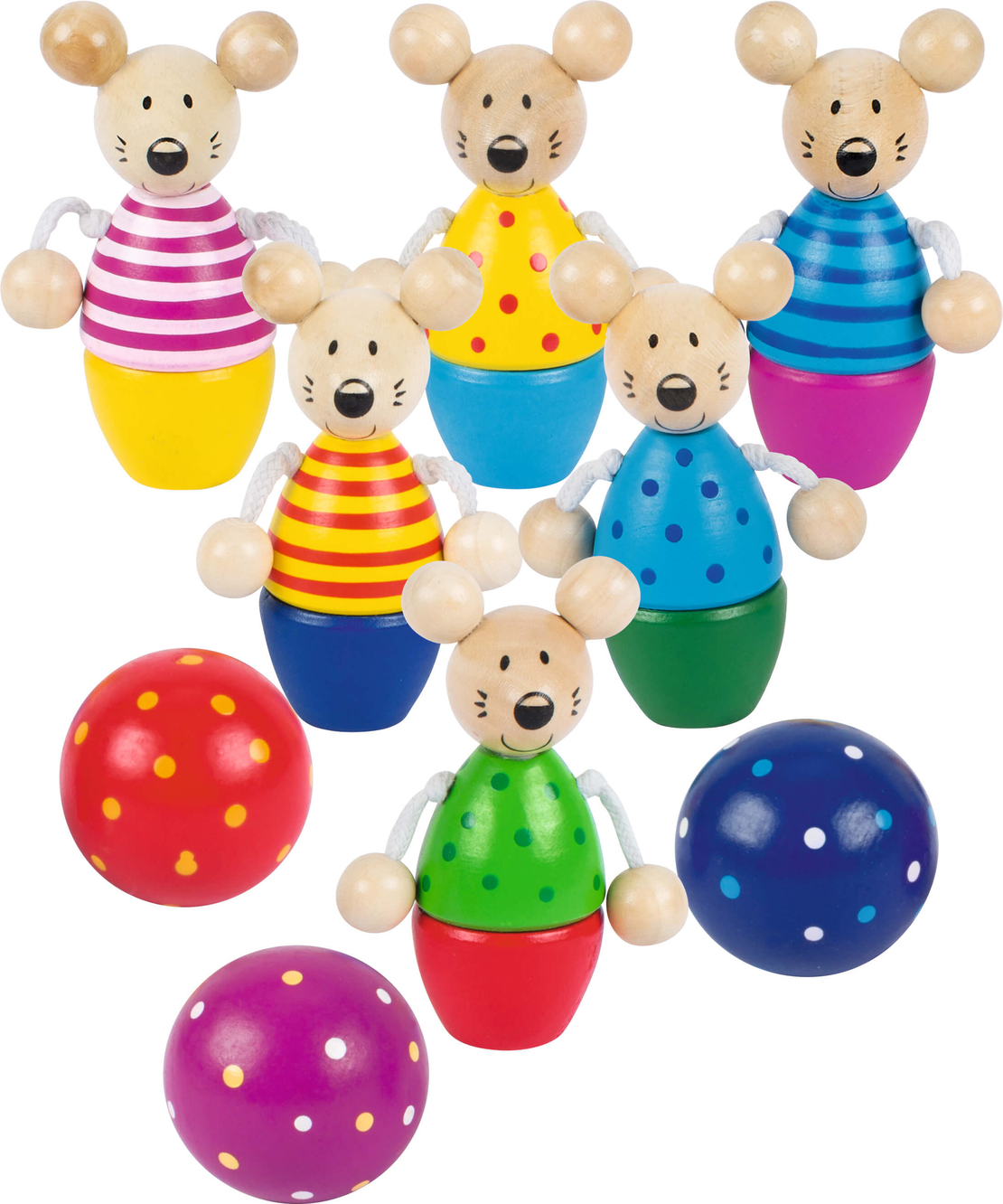 Joc de îndemânare tip mini-bowling din lemn Goki Speedy Skittle Game Mice,3 ani+
