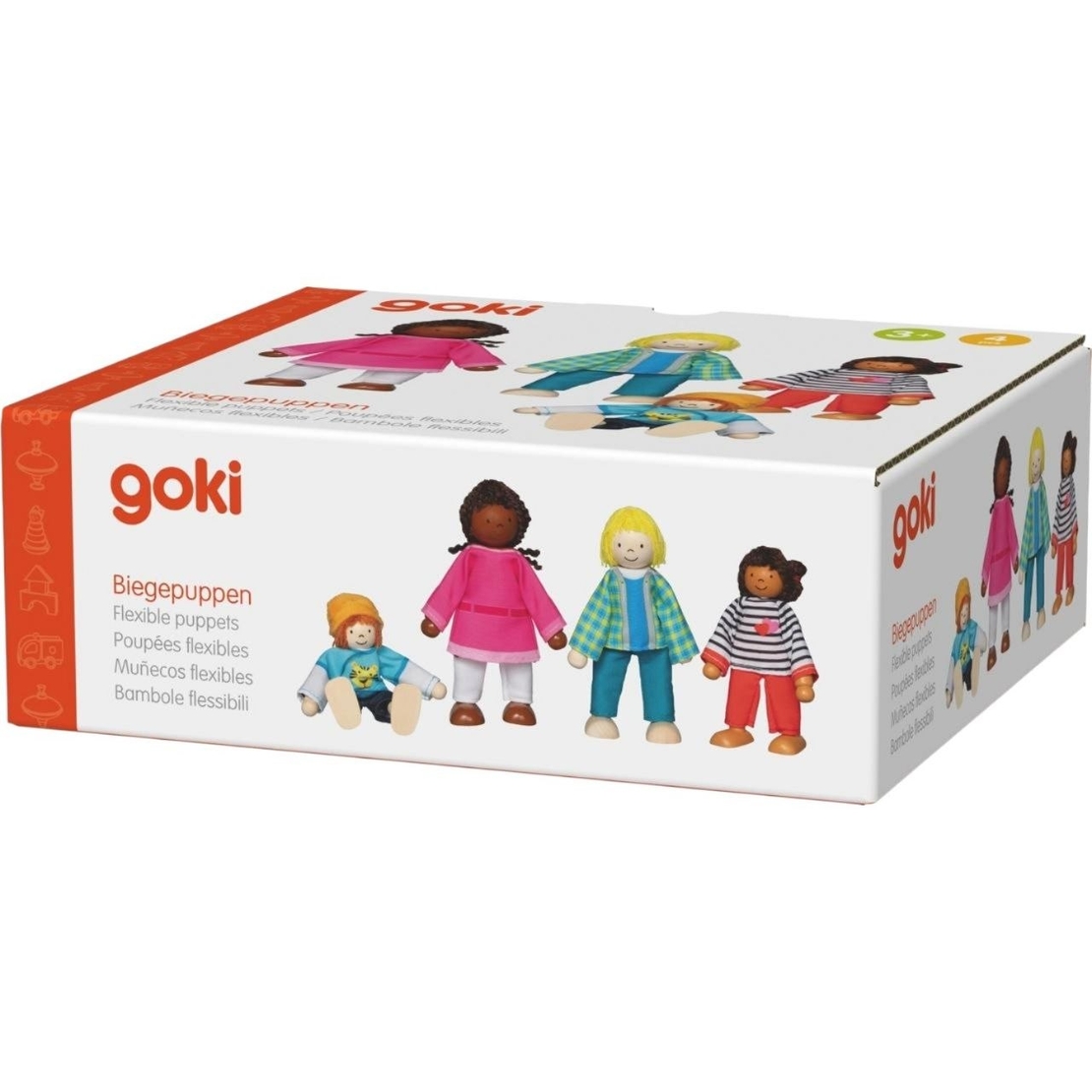Set 4 Păpuși Flexibile din Lemn Goki, Familie Interculturală, 9-11 cm, +3 ani