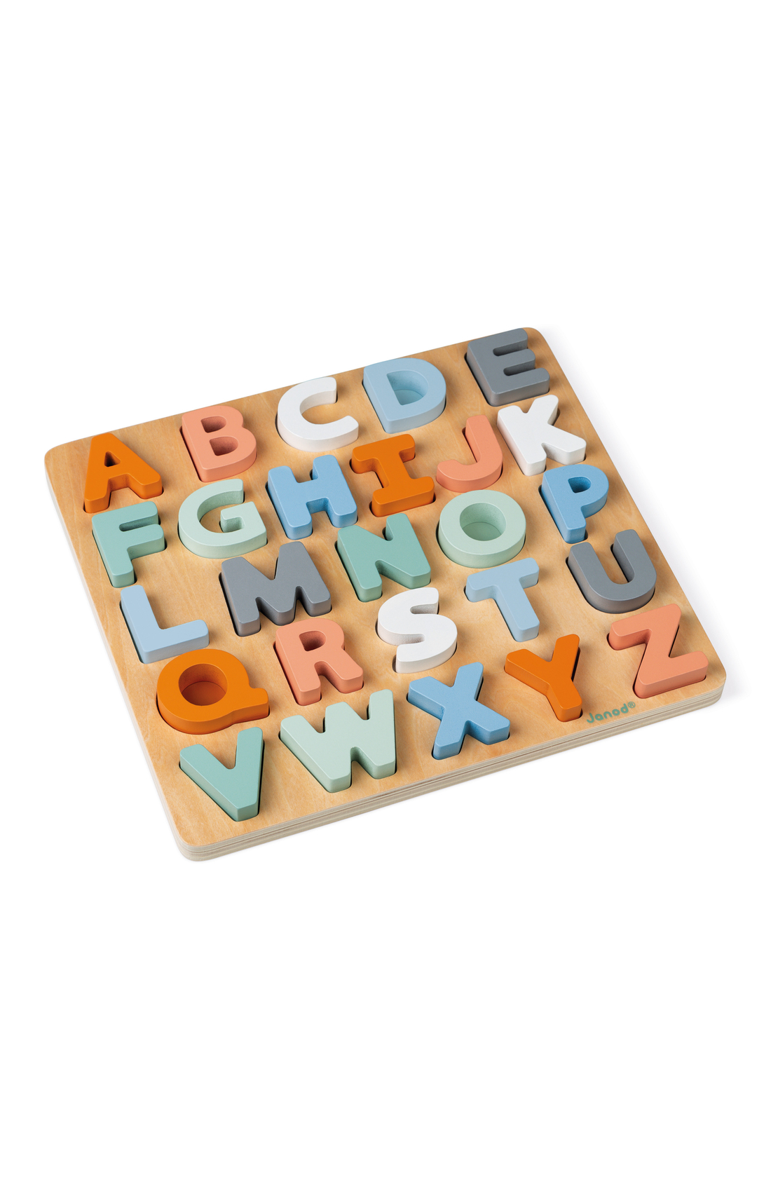 Puzzle alfabetic, Janod, din lemn, multicolor, 2-6 ani