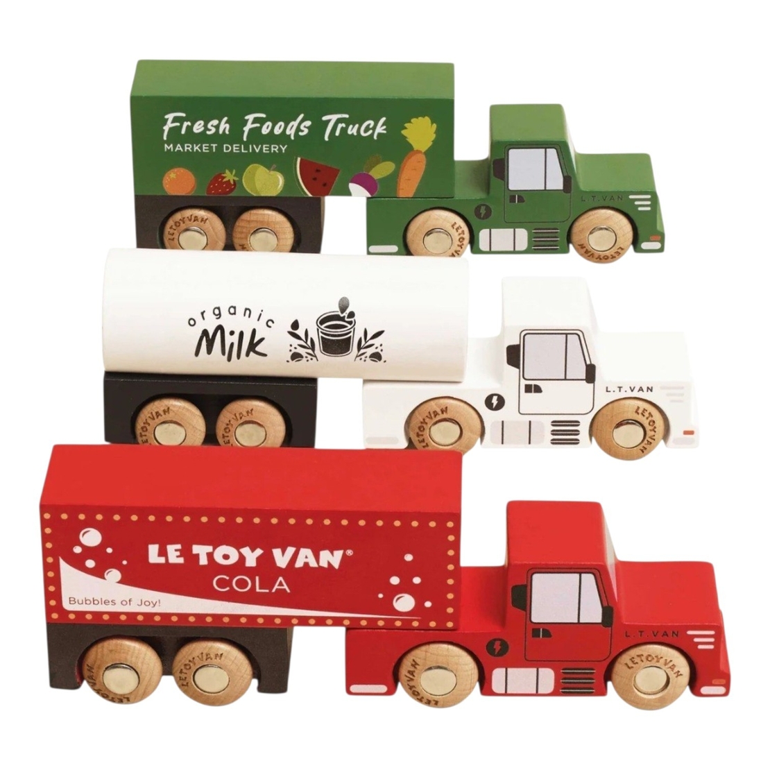 Set 3 Camioane din Lemn cu Remorcă Detașabilă Le Toy Van