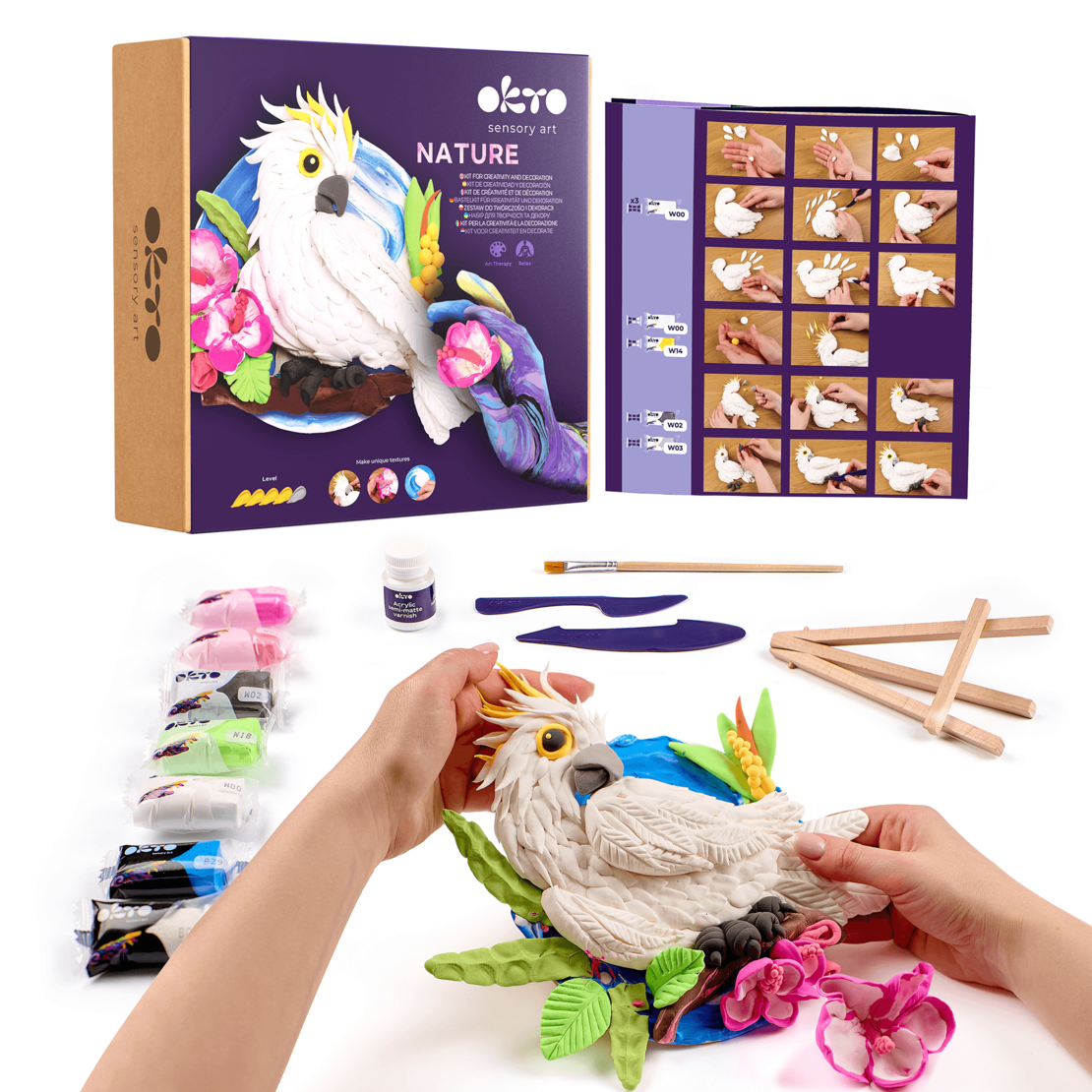 Set pictură 3D cu argilă ușoară OKTO Sensory Art, seria Nature - Cockatoo (Cacadu)