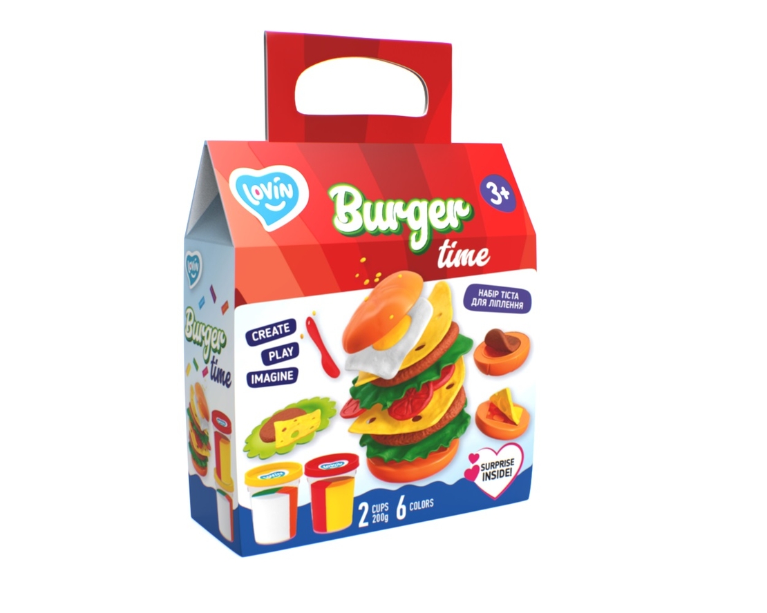 Set creativ de modelaj OKTO Clay Burger Time, include aluat multicolor, matrita pentru burger si accesorii, 3 ani+