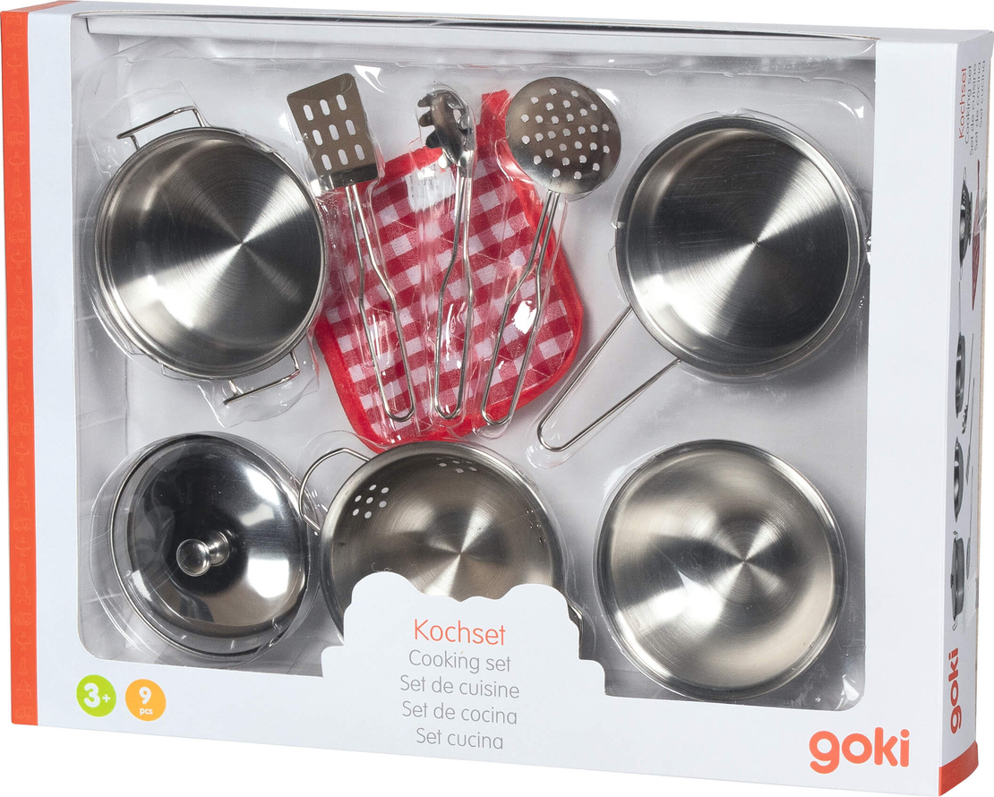 Set de gătit pentru copii Goki, 9 piese metalice cu mănușă textilă, Argintiu, +3 ani