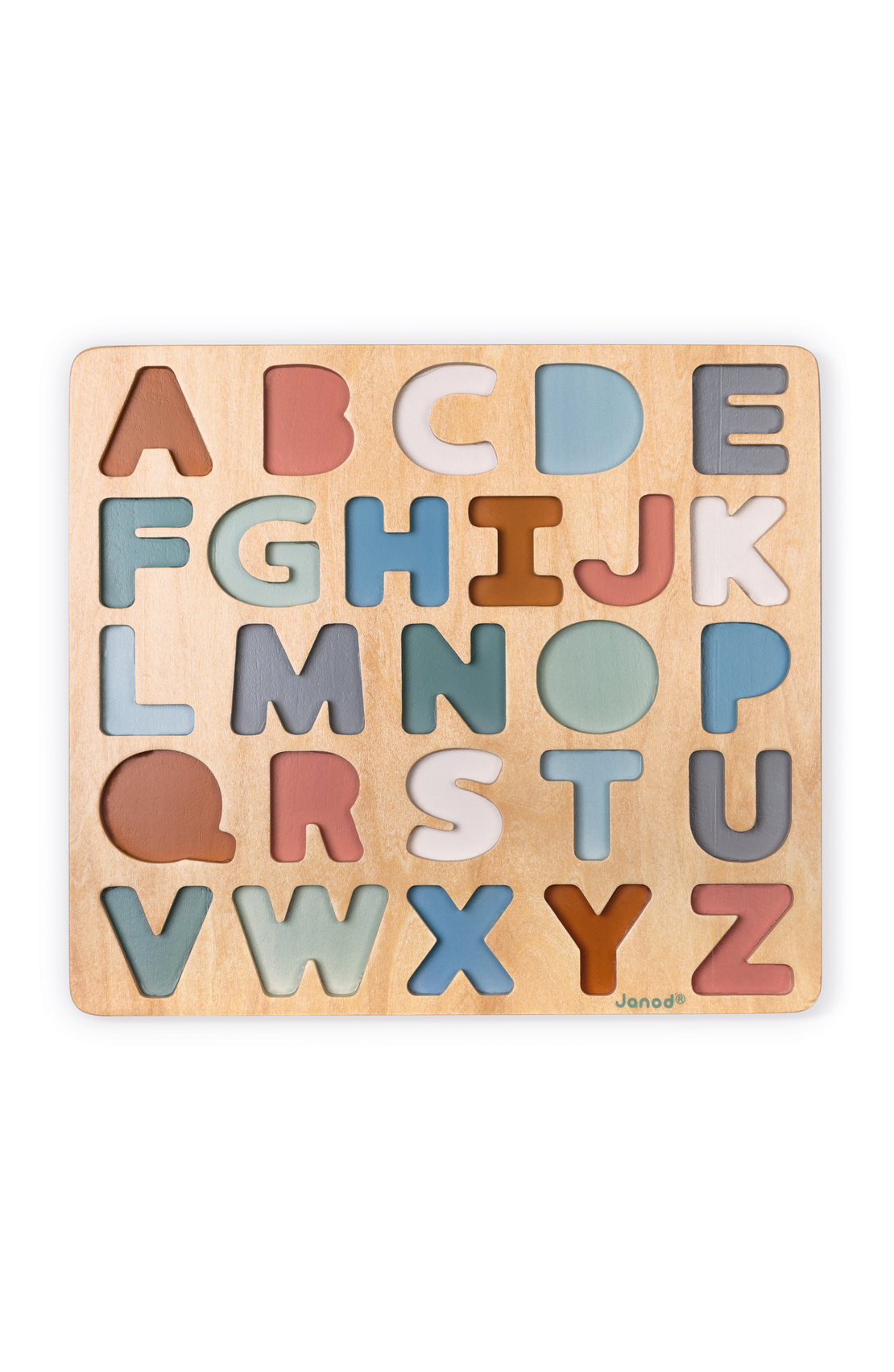 Puzzle alfabetic, Janod, din lemn, multicolor, 2-6 ani