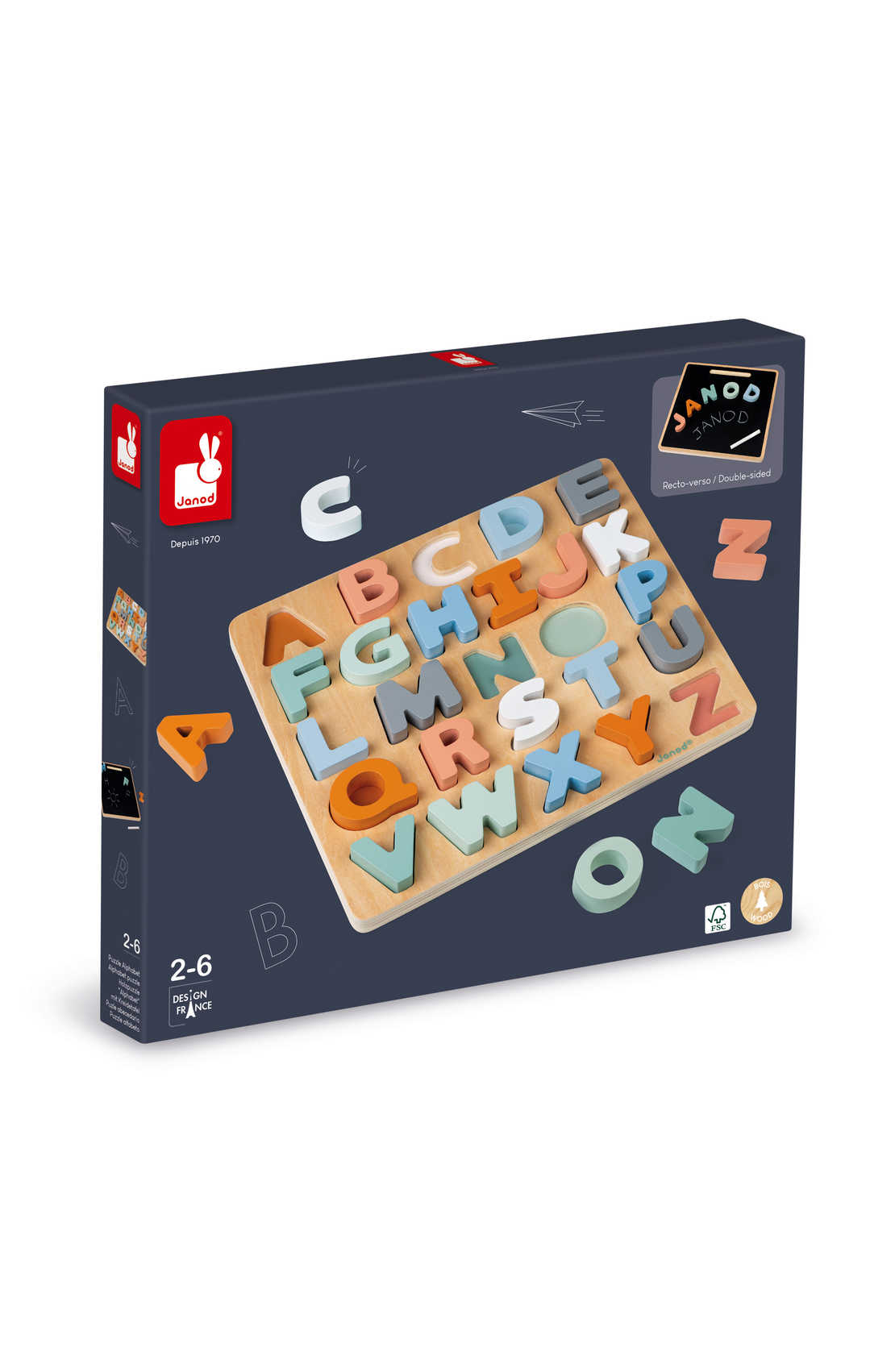 Puzzle alfabetic, Janod, din lemn, multicolor, 2-6 ani