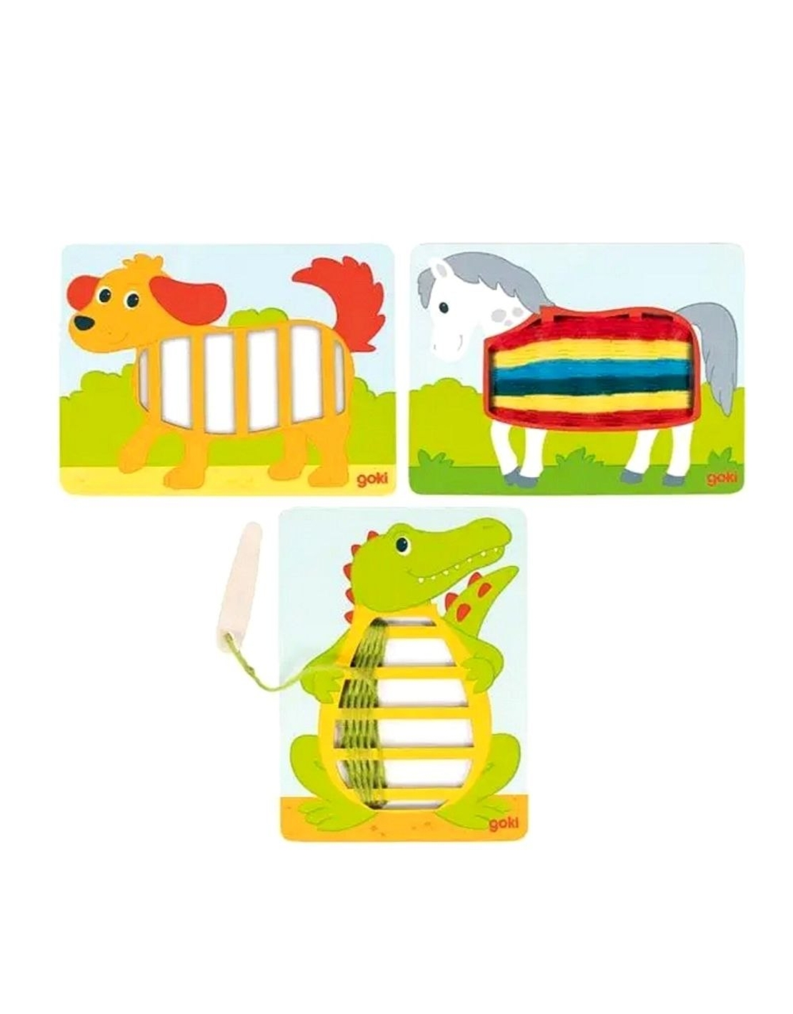 Jucărie din lemn cu șireturi / Război de țesut cu ață (Crocodil, Câine, Căluț)- Goki,3 ani+