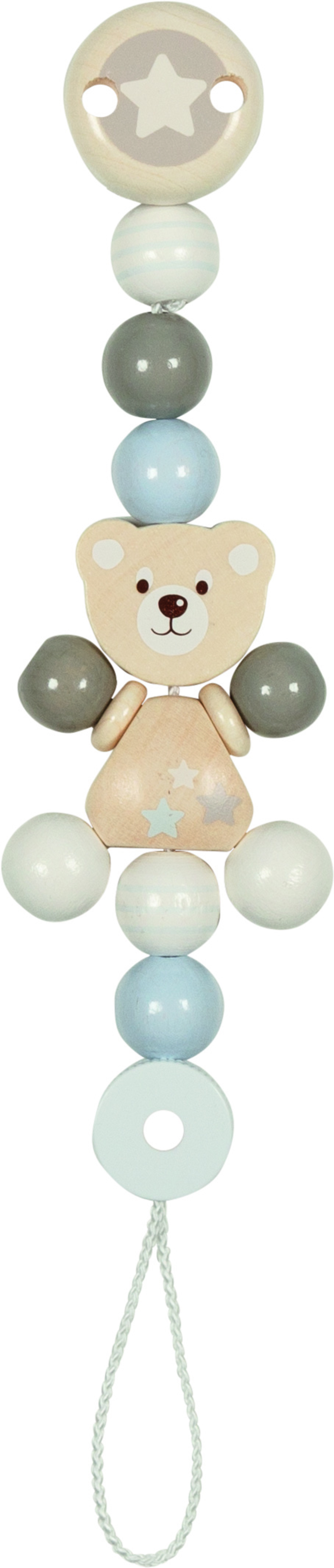 Lanț pentru suzetă Goki, model Ursuleț cu stele, din lemn, reglabil, 21 cm, Multicolor/Pastel