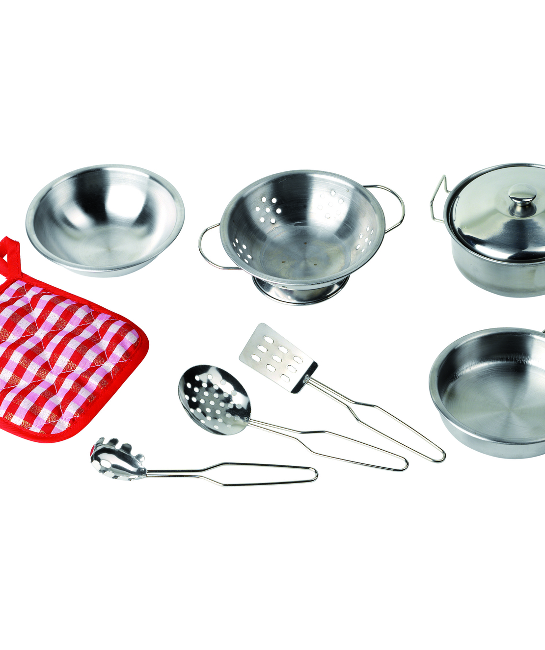 Set de gătit pentru copii Goki, 9 piese metalice cu mănușă textilă, Argintiu, +3 ani