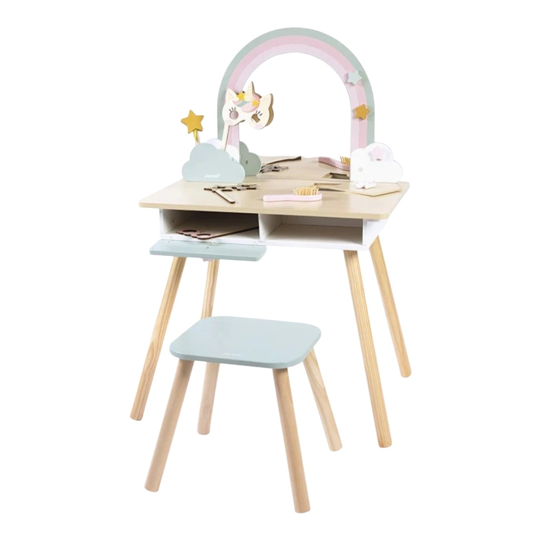 Masuta de toaleta din lemn Janod, Unicorn, cu scaunel, oglinda, compartiment magnetic si 10 accesorii, 3-6 ani