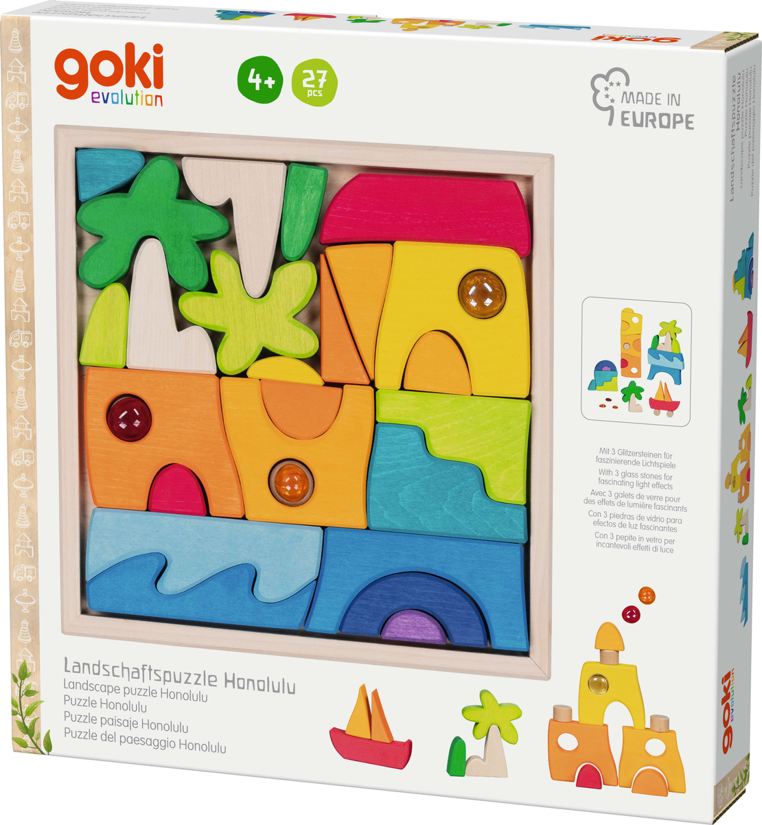 Puzzle din lemn Goki Evolution Honolulu, cu pietre din sticlă, 29 piese, 4 ani+