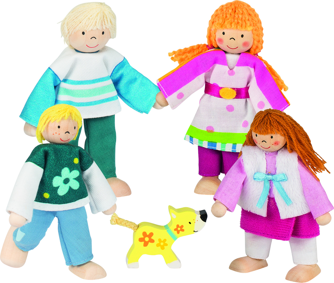 Set 5 Păpuși Flexibile din Lemn Goki – Familia Susibelle cu Cățeluș
