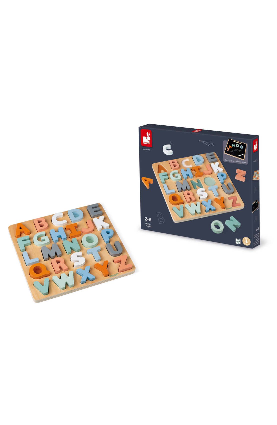 Puzzle alfabetic, Janod, din lemn, multicolor, 2-6 ani
