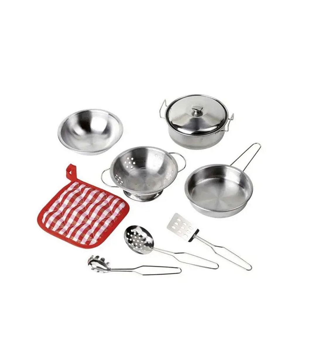 Set de gătit pentru copii Goki, 9 piese metalice cu mănușă textilă, Argintiu, +3 ani