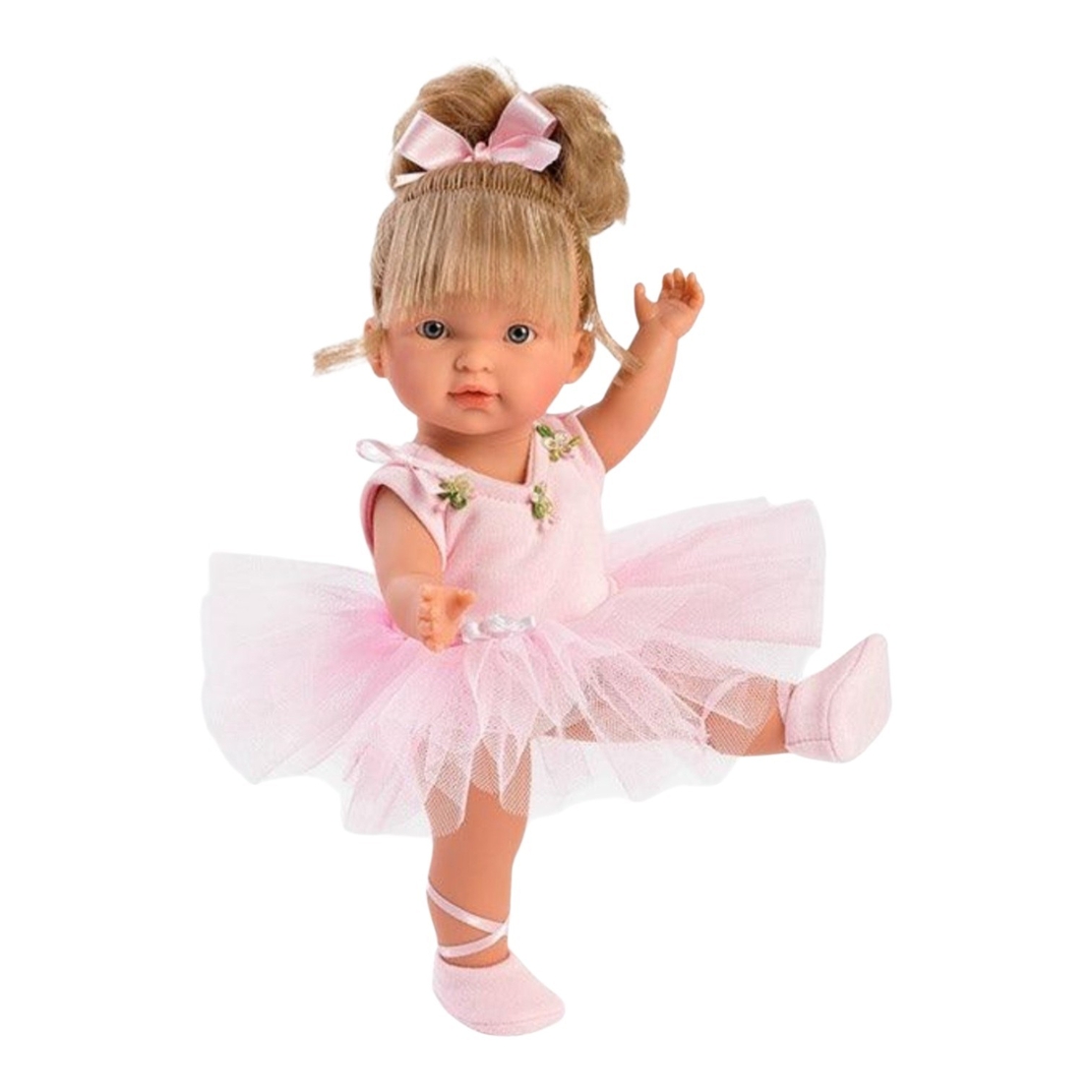 Papusa Llorens Valeria / Lu Balerina, din vinil moale cu corp articulat, costum roz cu tutu, 28 cm, 3 ani+