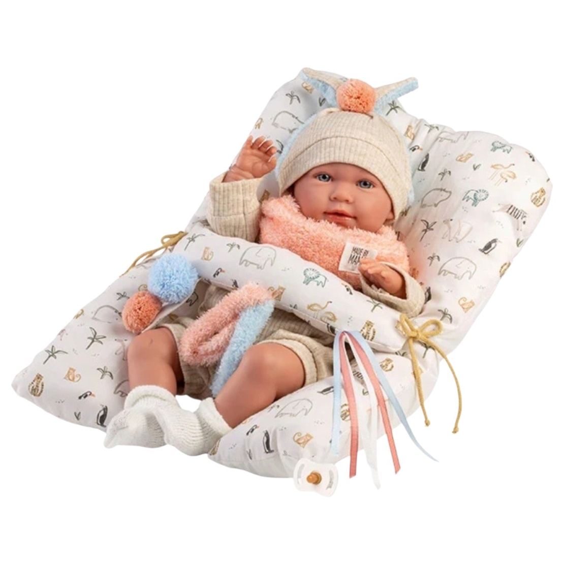 Papusa interactiva Llorens Mimi Llorona, bebelus cu corp moale, hainute ecru, suzeta si perna de joaca inclusa, 42 cm, 3 ani+