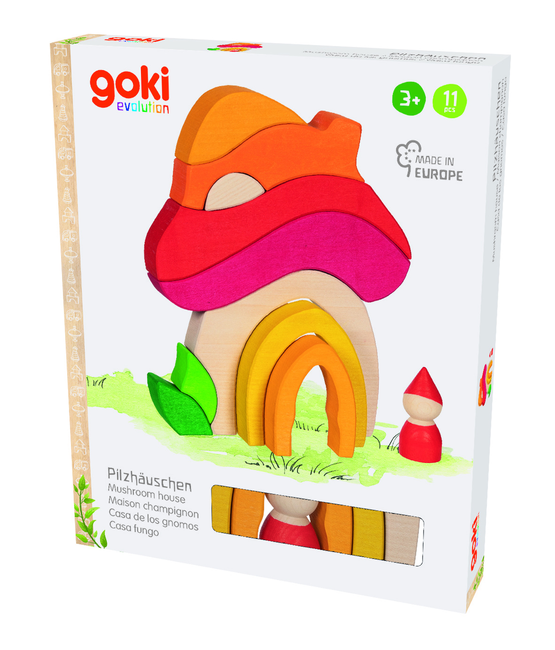 Joc de construcție și puzzle 3D din lemn Goki Evolution - Casa Ciupercă (Mushroom House), 7-11 piese