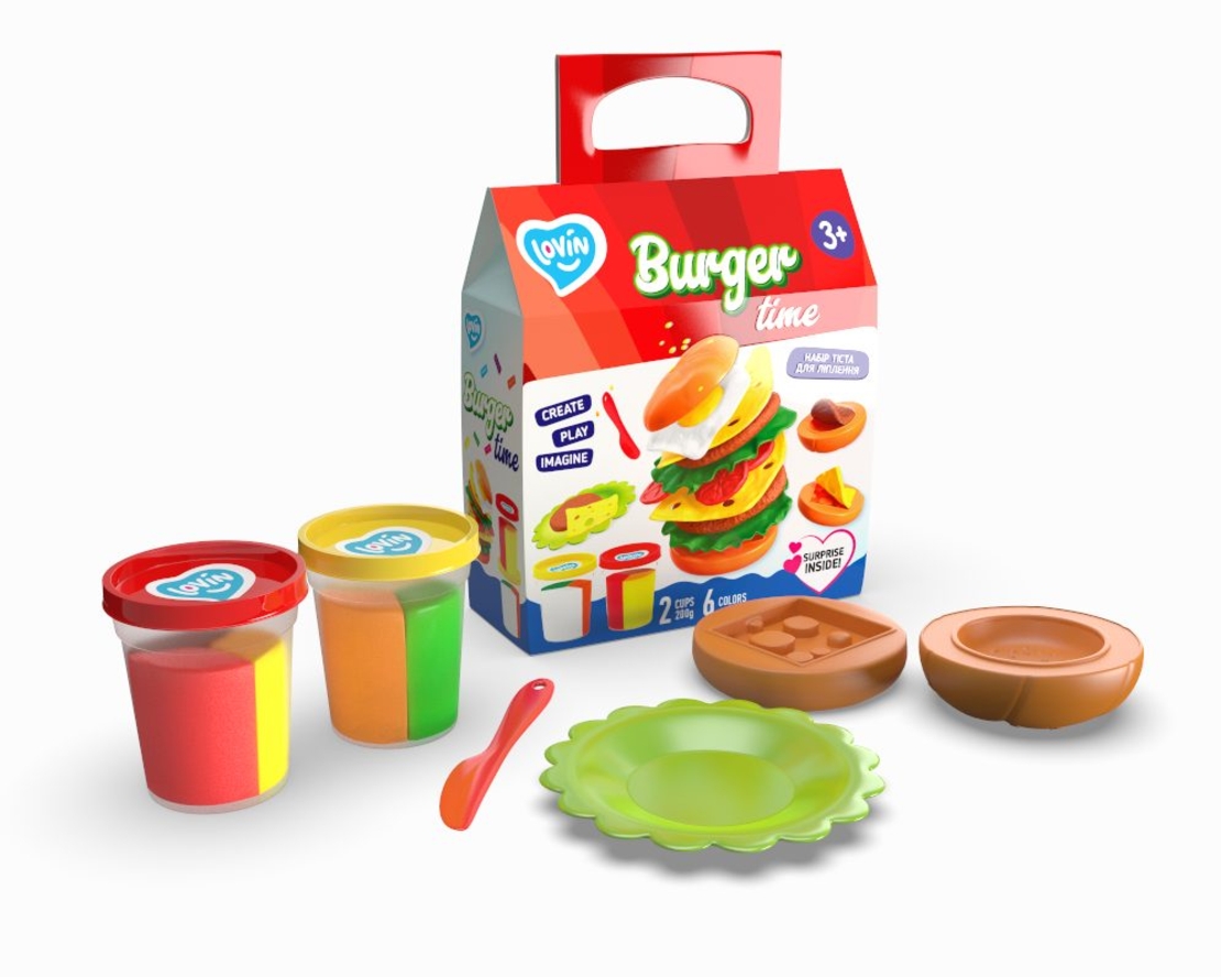 Set creativ de modelaj OKTO Clay Burger Time, include aluat multicolor, matrita pentru burger si accesorii, 3 ani+