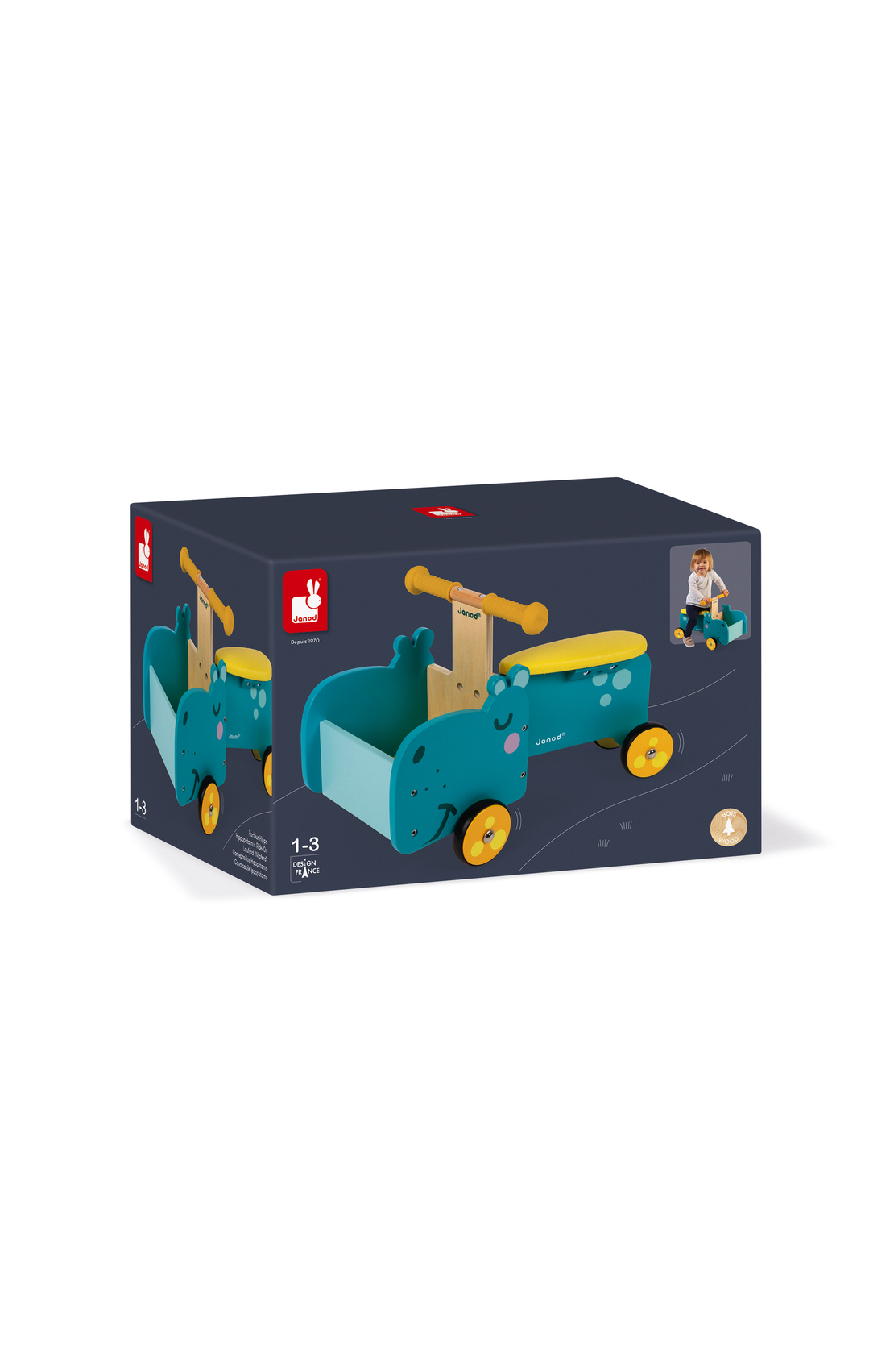 Vehicul din lemn, Janod, hipopotam, cu depozitare, 12-36 luni