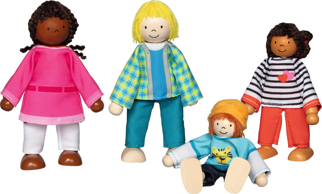 Set 4 Păpuși Flexibile din Lemn Goki, Familie Interculturală, 9-11 cm, +3 ani