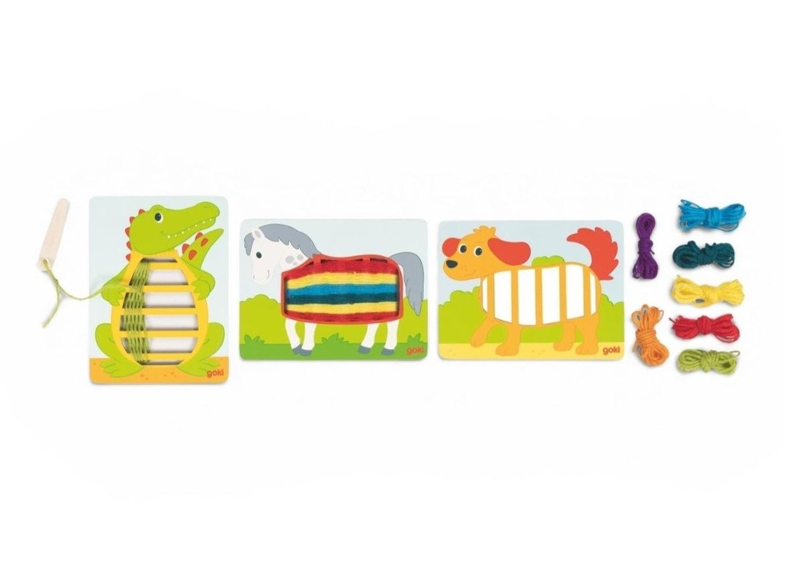 Jucărie din lemn cu șireturi / Război de țesut cu ață (Crocodil, Câine, Căluț)- Goki,3 ani+