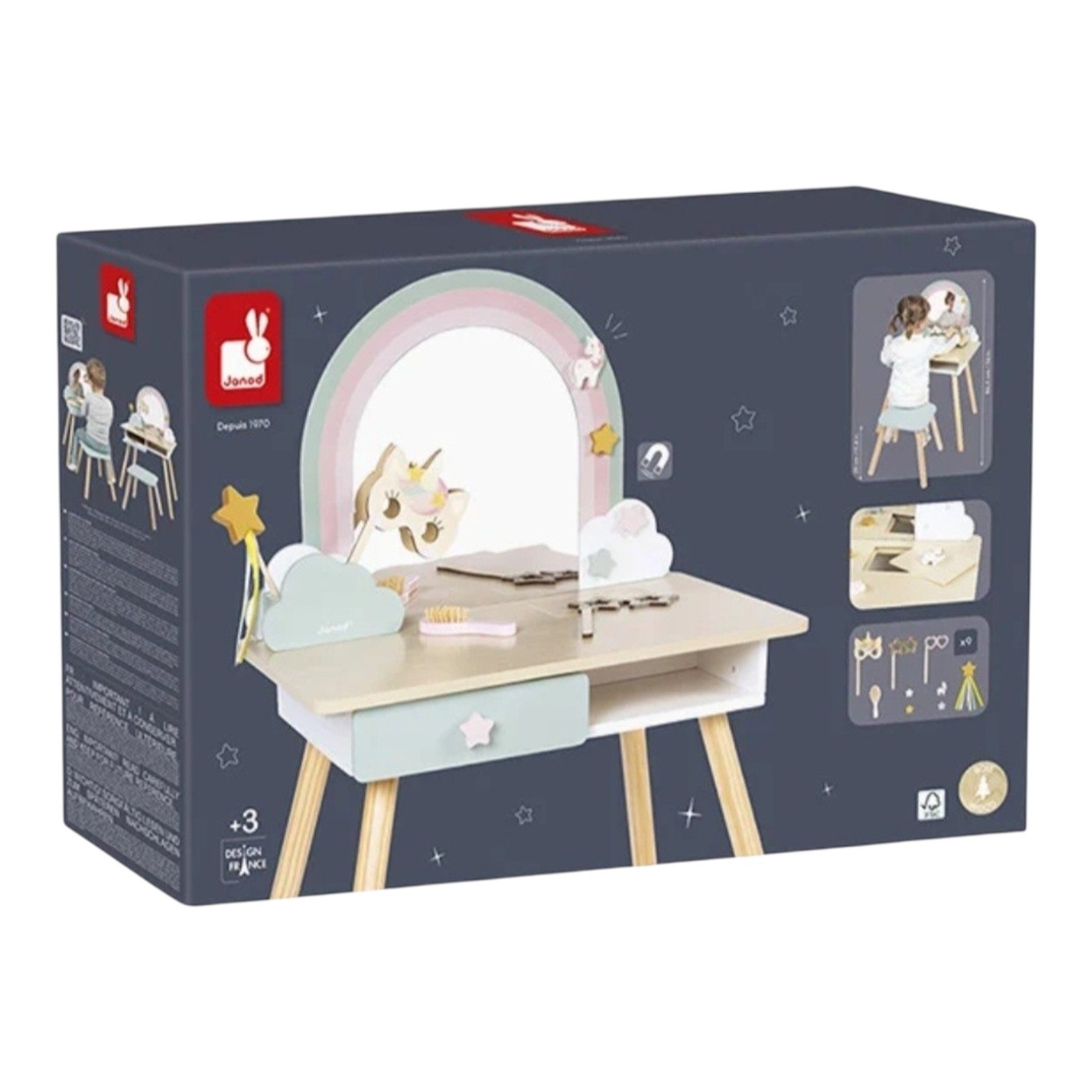 Masuta de toaleta din lemn Janod, Unicorn, cu scaunel, oglinda, compartiment magnetic si 10 accesorii, 3-6 ani