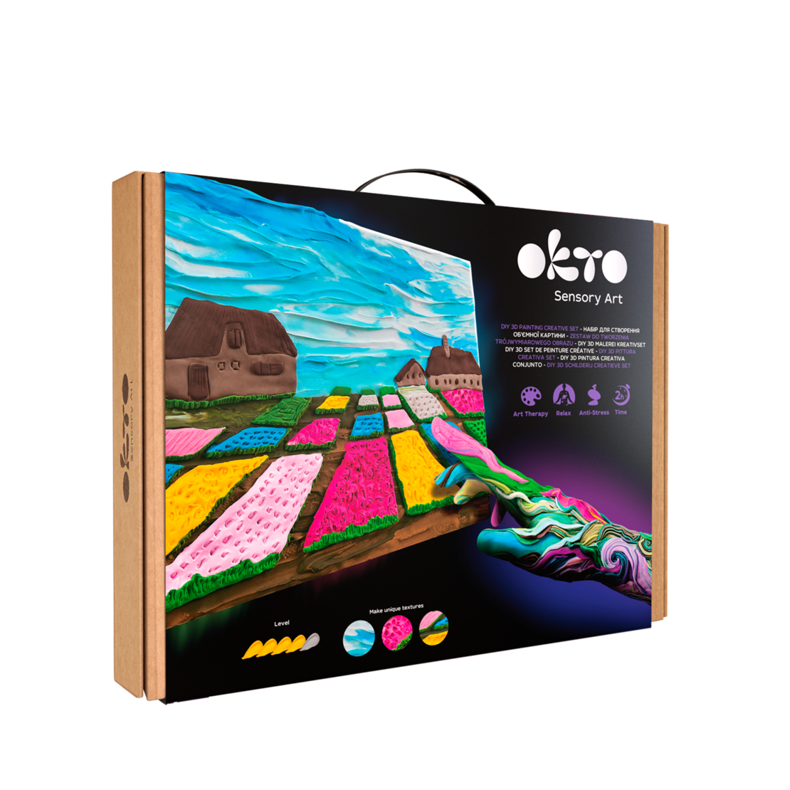 Set pictură 3D senzorială cu argilă ușoară OKTO Sensory Art „Flowers” (Câmp de flori / Olanda), 30 x 40 cm