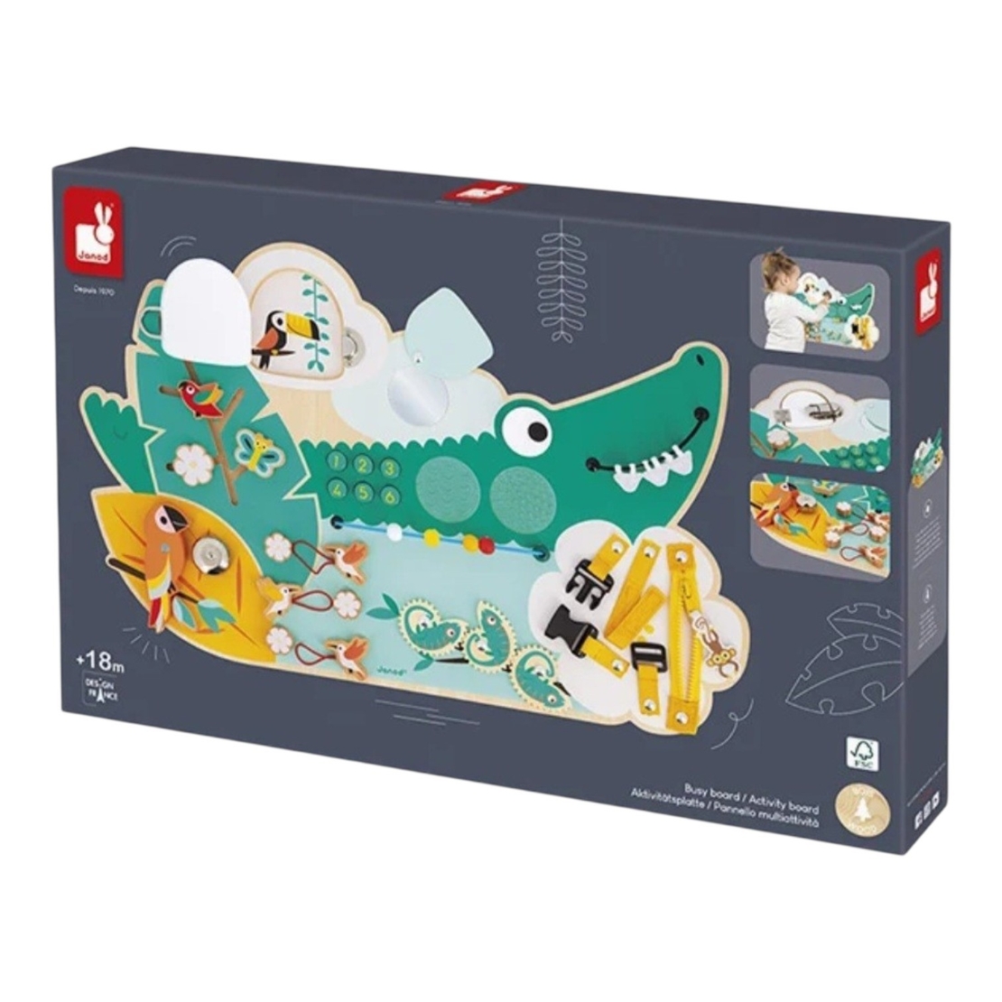 Panou cu activitati din lemn Janod , Busy Board Crocodil Tropik, 14+ activitati senzoriale, 18 luni+