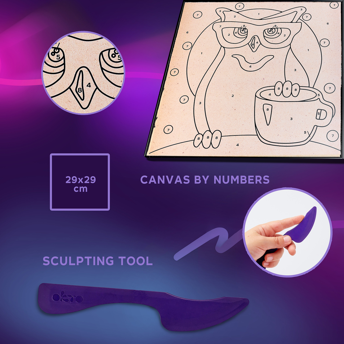 Set de pictură senzorială 3D cu argilă ușoară Okto Sensory Art - Bufnița (Owl), 29 x 29 cm