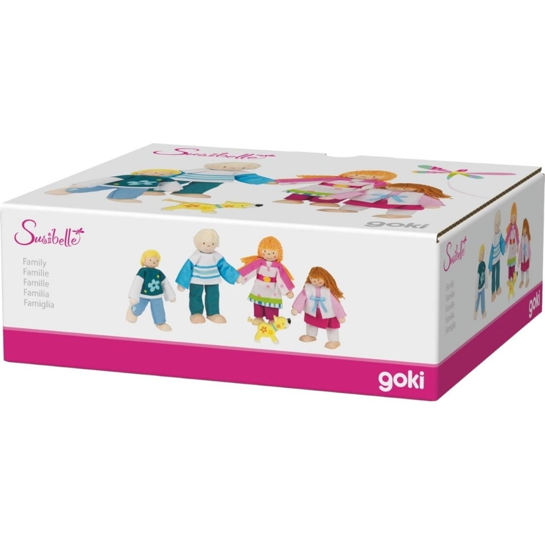 Set 5 Păpuși Flexibile din Lemn Goki – Familia Susibelle cu Cățeluș