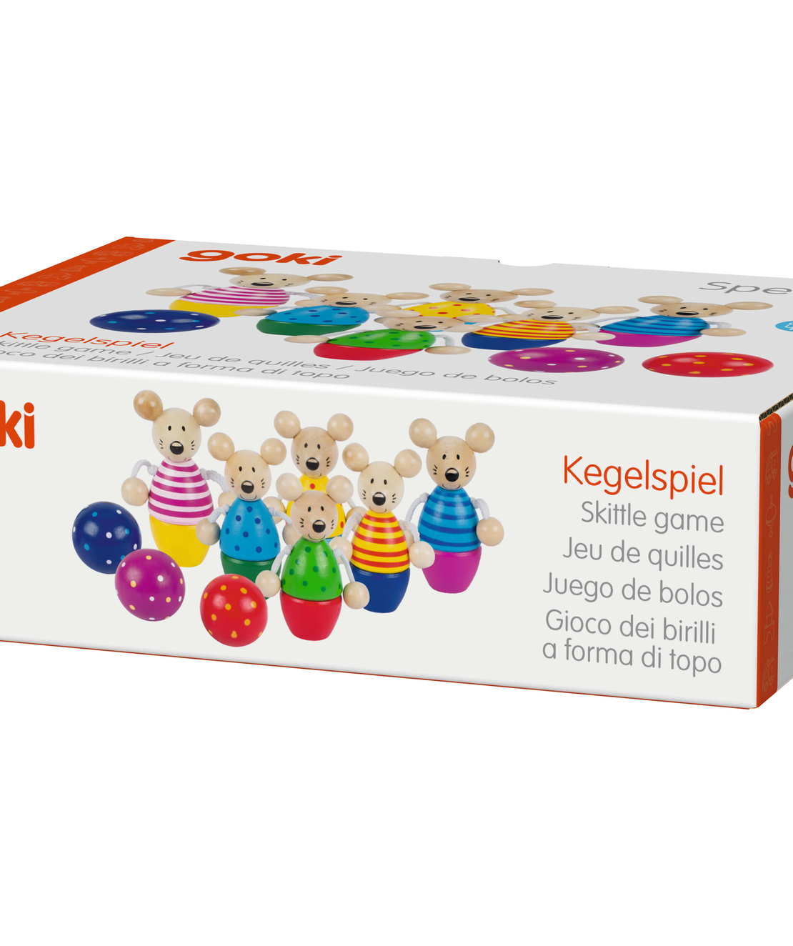 Joc de îndemânare tip mini-bowling din lemn Goki Speedy Skittle Game Mice,3 ani+