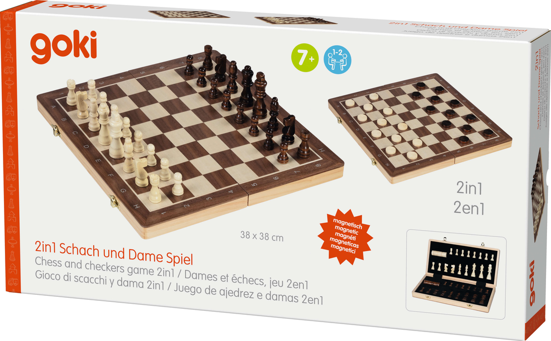 Joc de societate 2 in 1 goki, Sah si Dame, magnetic, din lemn, 59 piese, 38 x 38 cm