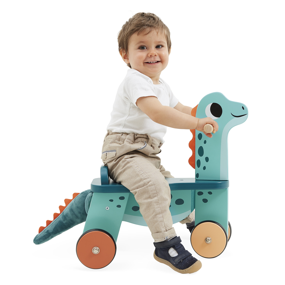 Bicicleta cu 4 roti, Janod, Dinozaur, din lemn, 1 an+