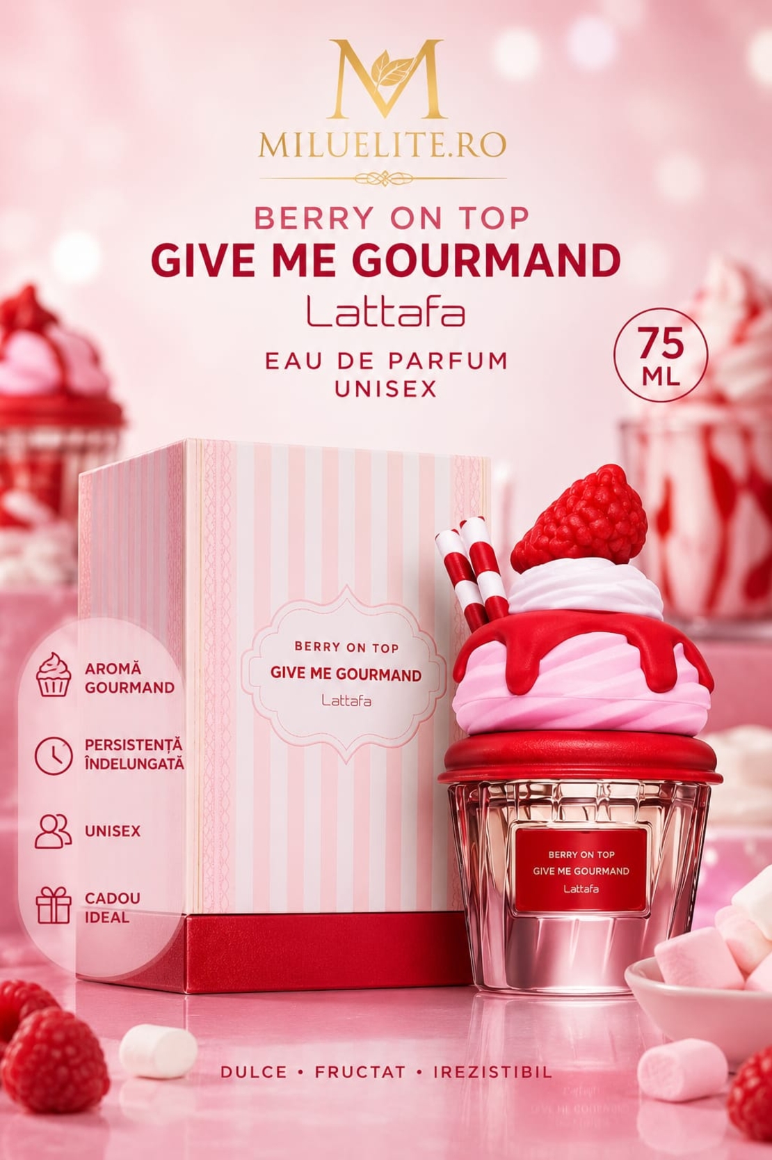 Apa de Parfum Lattafa, Berry On Top - Give Me Gourmand, Unisex, 75ml