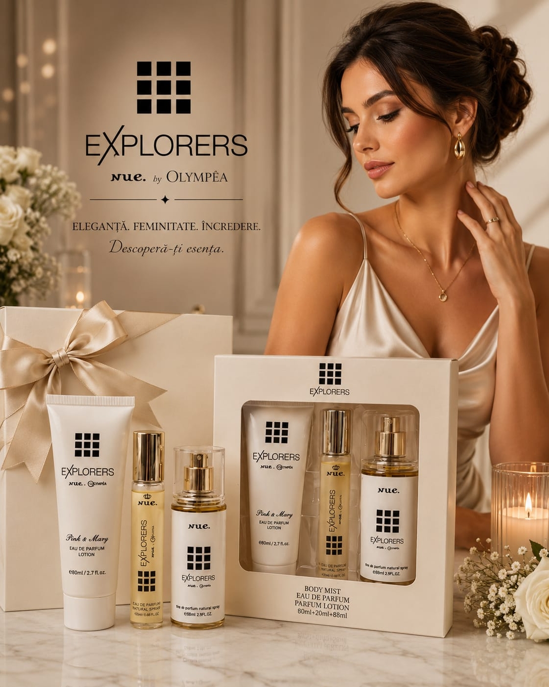 Set Cadou Premium Explorers nue. by Olympéa – Parfum, Loțiune de Corp și Body Mist (3 piese)