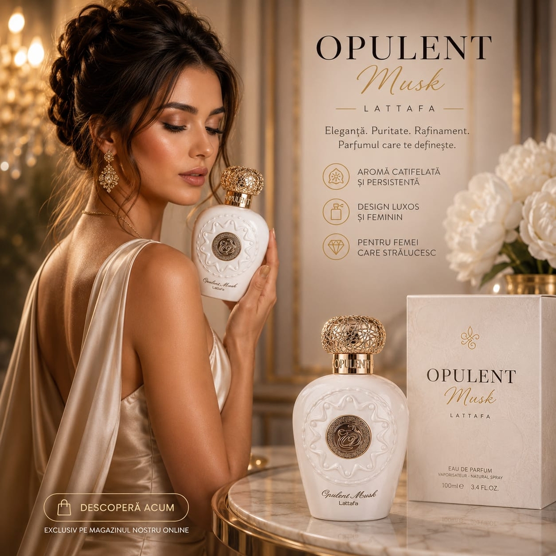 Parfum de Damă Lattafa Opulent Musk – Eau de Parfum, 100ml Eleganță. Puritate. Rafinament. Parfumul care te definește.
