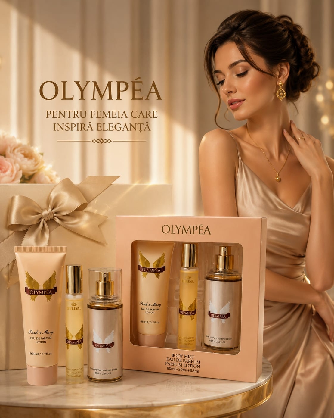 Set Cadou Premium Olympéa – Parfum, Loțiune de Corp și Body Mist (3 piese)