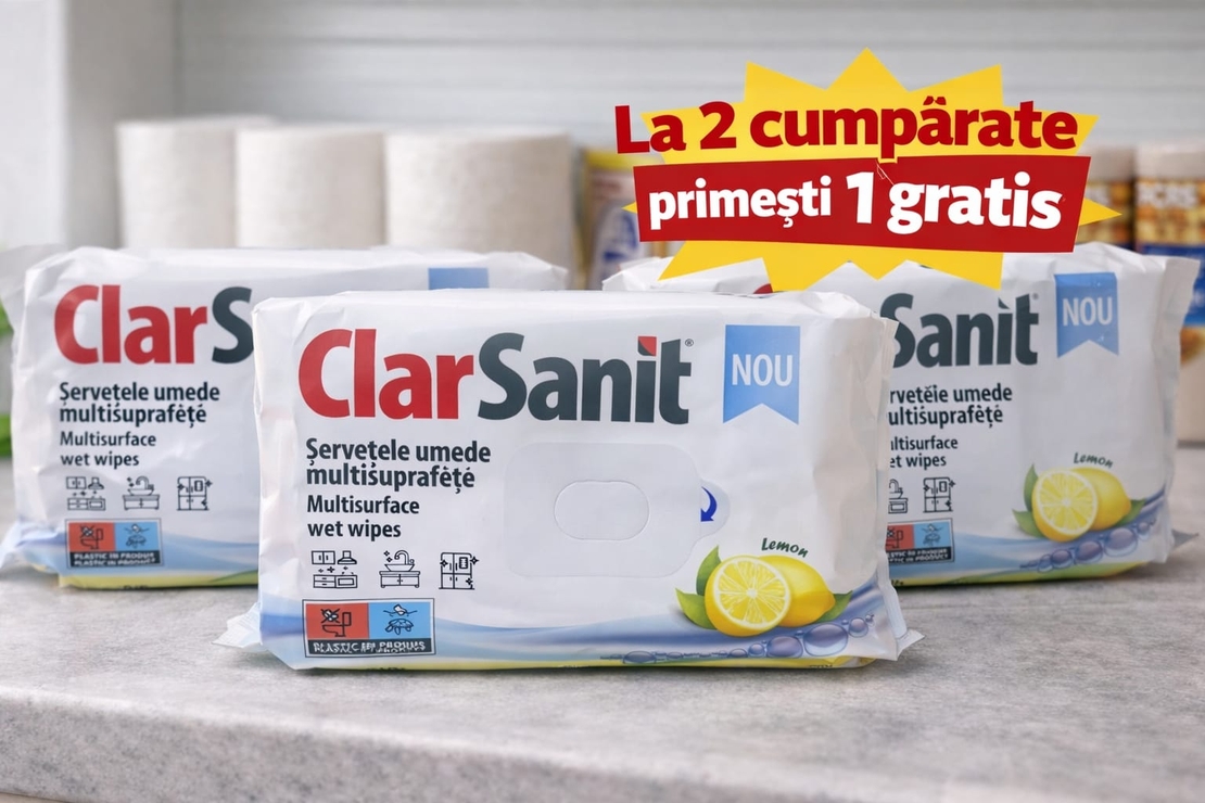Șervețele umede multisuprafețe ClarSanit Lemon, 3 pachete (Promoție 2+1 Gratuit)