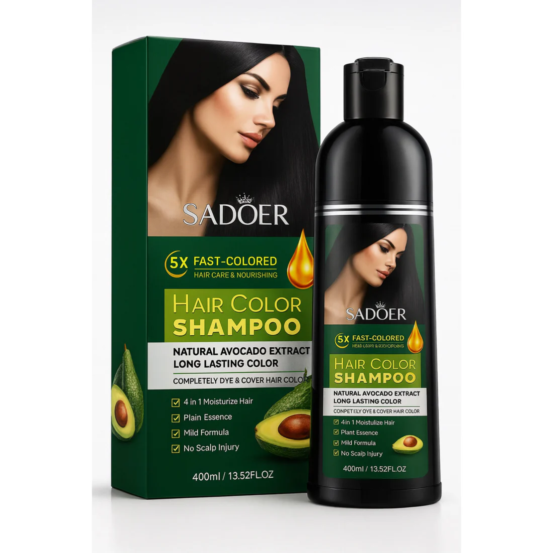 Șampon Colorant Sadoer Hair Color Shampoo cu Extract de Avocado (Negru Natural), 400ml