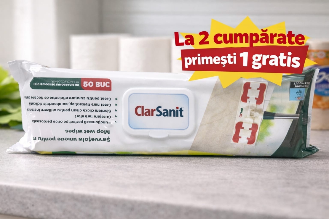 Șervețele Umede pentru Mop ClarSanit Lemon cu Bicarbonat de Sodiu și Oțet, 50 Bucă (Promoție 2+1 Gratuit)ți