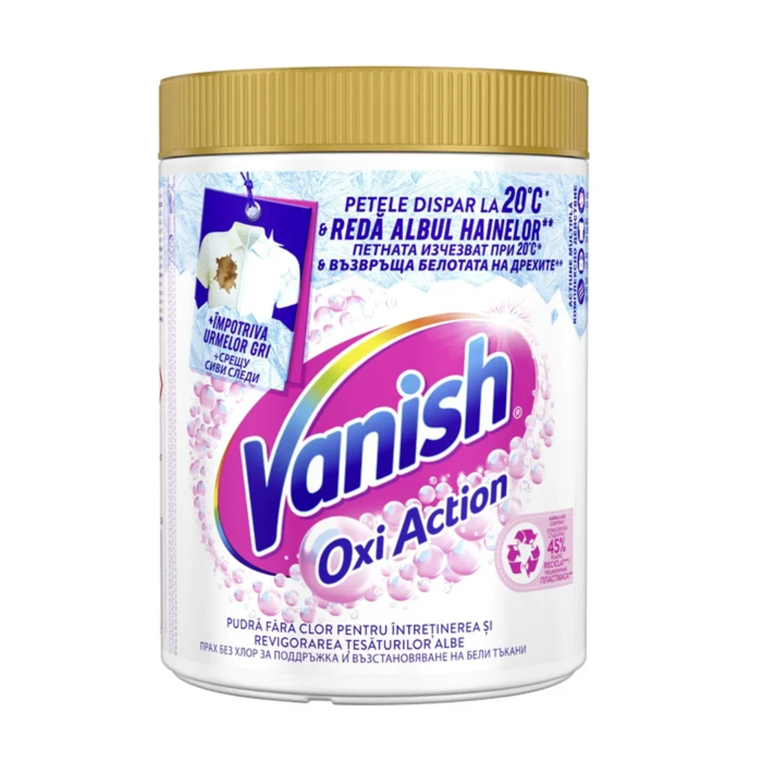 Pudră pentru Îndepărtarea Petelor și Înălbirea Hainelor Fără Clor Vanish Oxi Action pentru Rufe Albe, 470 g