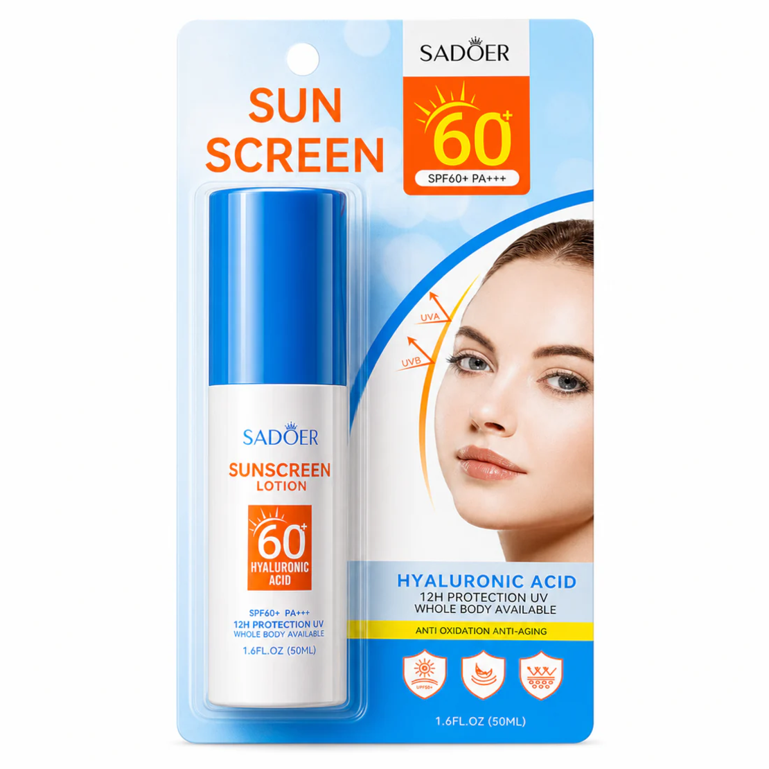 Loțiune pentru Protecție Solară Sadoer Hyaluronic Acid Sunscreen SPF60+, 50ml