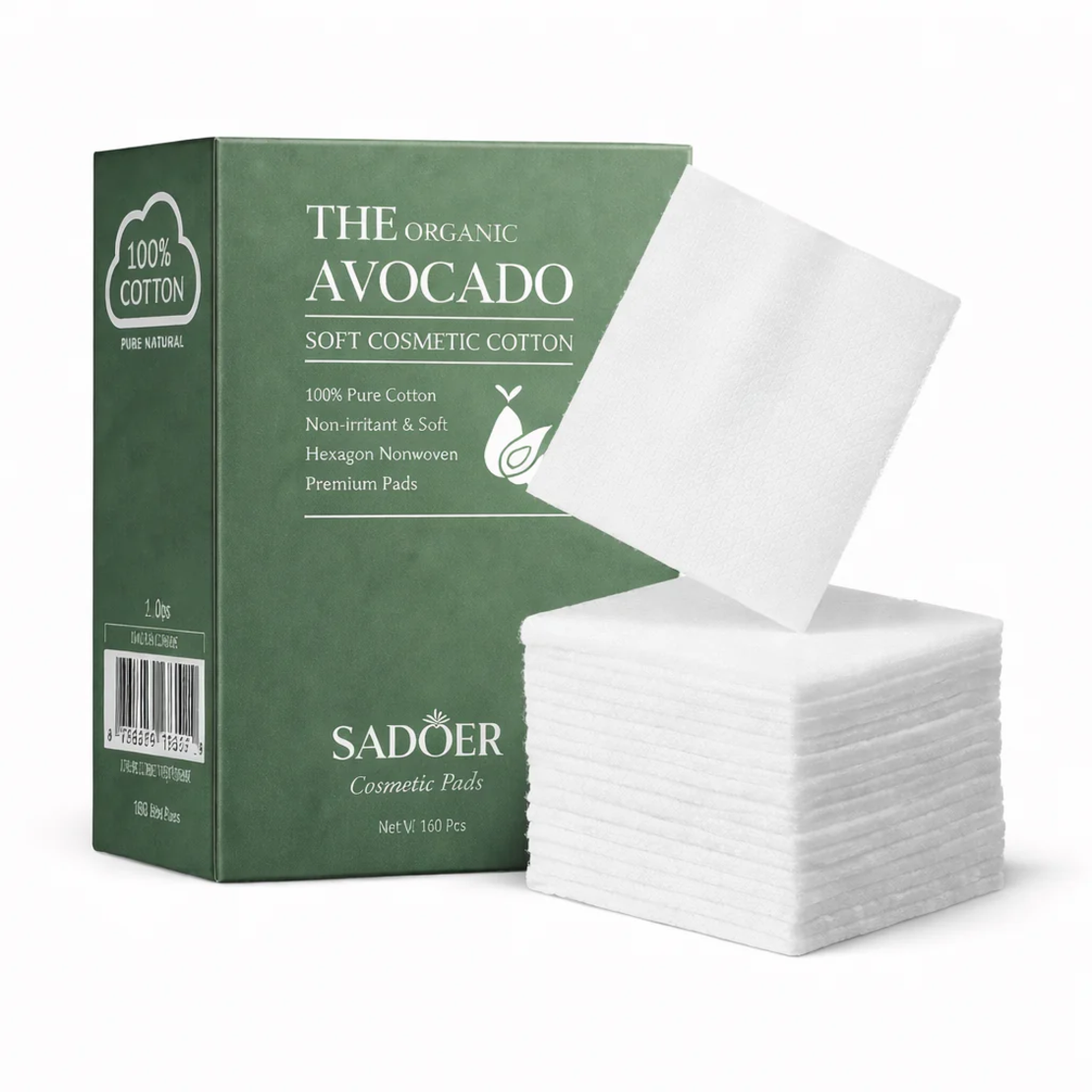 Dischete demachiante pătrate din bumbac organic Sadoer The Organic Avocado, 100 bucăți