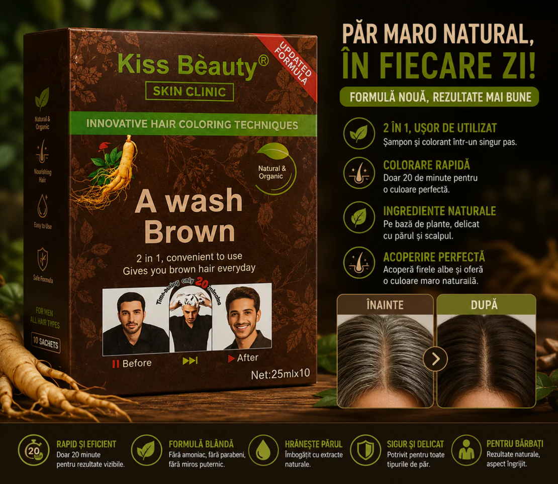 Șampon Colorant pentru Bărbați Kiss Beauty A Wash Brown (Maro Natural), 10 plicuri x 25ml