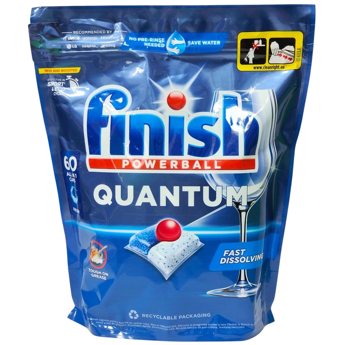 Tablete Detergent pentru Mașina de Spălat Vase Finish Powerball Quantum Fresh, Value Pack, 60 Bucăți